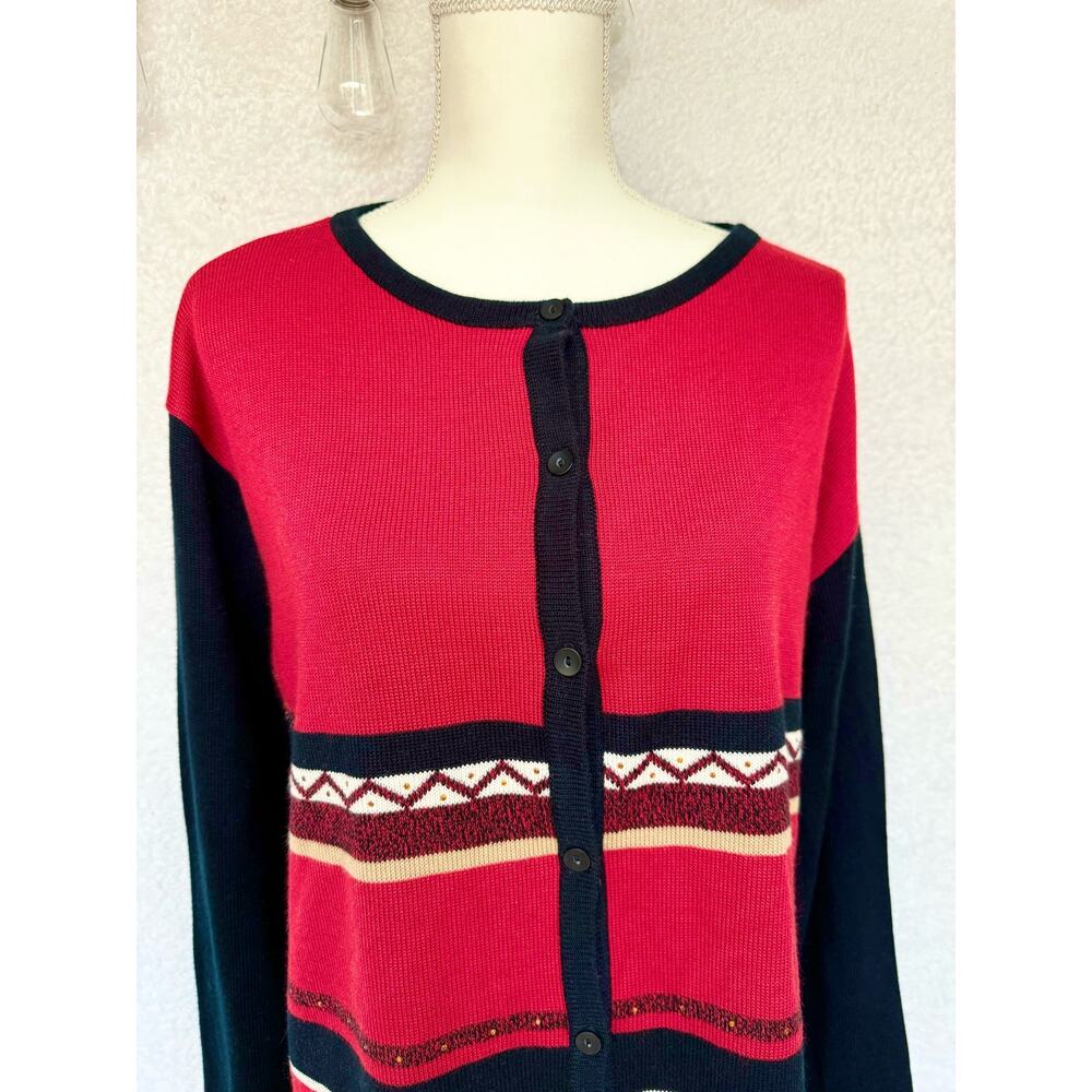 Vintage 90's Erin London Acrylic Red & Black Button Up Cardigan Sweater 1X XL - Picture 3 of 9